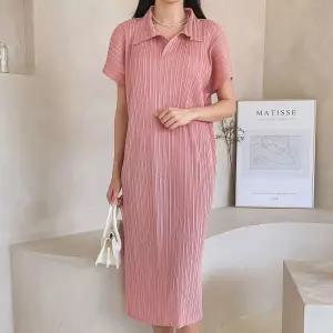 여성 플리츠 오픈카라 반팔 중년 찰랑핏 롱원피스