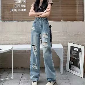 피콜로 여성 바지 캐주얼 빈티지 찢어진 하이웨이스트 데일리룩 슬리퍼 와이드 청바지 일자 KUK1