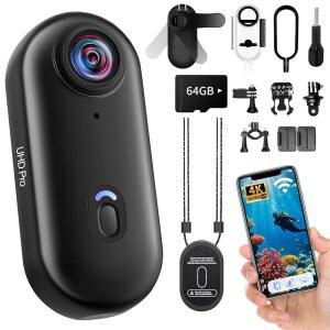 미니 액션 4K 64GB 바디 WIFI 스포츠 카메라 웨어러블 POV 휴대용 헬멧 캠코더 엄지손가락 크기 핸즈프리 녹화 브이로그 사이클링 수영 하이킹 페팅을 위한 30M 방수 기능