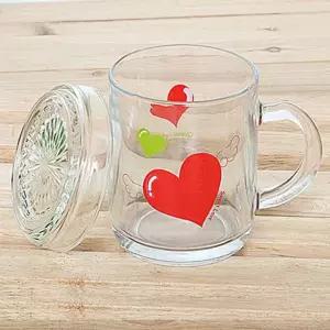 글라스락 천사하트 뚜껑머그컵 유리머그 유리컵 쥬스컵 손잡이컵 뚜껑컵