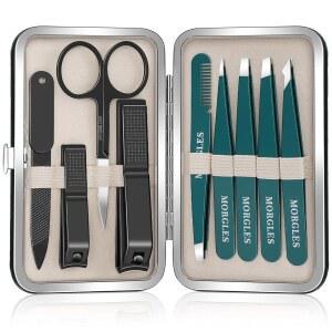 눈썹용 MOGLEES 핀셋 세트, 가죽 여행용 남성용 정밀 스테인리스 스틸 9개 및 전문 손톱깎이 세트