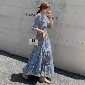 플라워 러플 5부 롱원피스 허리 밴딩 여름 원피스