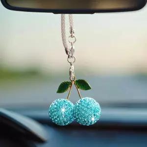블링 체리 자동차 걸이 장식품 귀여운 크리스탈 리어 뷰 미러 펜던트 반짝이는 다이아몬드 매력 럭키 카