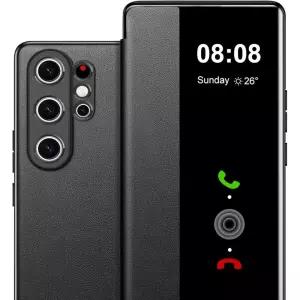 Hovisi 삼성 S26 울트라 케이스 플립 가죽 커버 투명 S-View, 갤럭시 폰 스마트 윈도우 하드 충격 방지 보