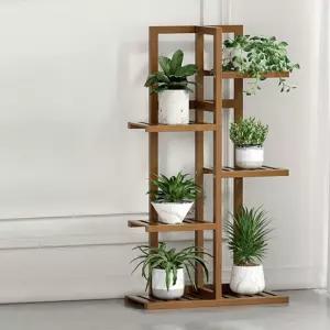 플랜디온 가드닝 5단 대나무 화분 진열대(월넛) 원목 화분정리대 베란다정리 식물선반 인테리어