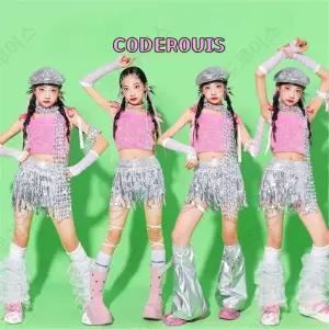 코드루이스 핑크 반짝이 실버 스팽글 초등 방송댄스복 여아 상하세트 댄스대회 오디션 의상