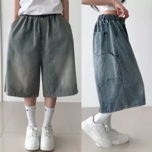 [편한 힙 실루엣] 데님 카펜더 버뮤다 허리밴딩 와이드 청반바지 워싱 데일리 팬츠