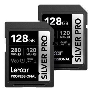 Lexar 128GB(2-PK) 프로페셔널 실버 PRO SD 사진작가, V60, 비디오그래퍼, 4K, C10, 메모리 UHS-II, HD, U3, 카드, 읽기 풀 280MB/s 최대 애호가(LSDSIPR128G-B2NNU)용 SDXC