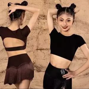 댄스복 연습복 무용복 공연의상 무대의상 2025 뉴 여름 라틴 댄스 세트 의류 키즈 블랙 드리 워진 스커트