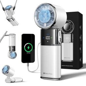 얼음 냉각 기능이 있는 SP 스페이스 플레이어 휴대용 핸드헬드 터보 팬, 9000mAh 충전식 개인용 100단 바람, 내장형 타입-C 케이블, LED 디스플레이, 135 틸트 접이식 책상/목/여행용 흰색