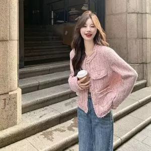 여친 분홍 코트 트위드 봄가을 프렌치 톱 OP3