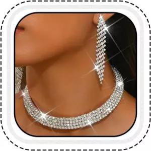 유니크라 라인스톤 신부 결혼식 주얼리 세트 실버 초커 목걸이 귀걸이 프롬 공식 의상 여성 및 신부용