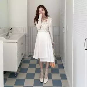 [하프클럽/]여성 일상용 면 플레어 중간 길이 치마