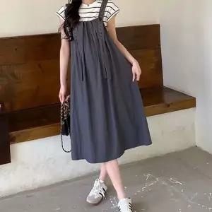 임산부 멜빵 원피스 빅사이즈 임산부통 캐주얼 임부복 멜빵 원피스 여름 루즈핏 치마 여성