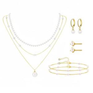 플로럴씨즈 다인 진주 초커 레이어드 목걸이 스터드 귀걸이 링크 팔찌 트렌디한 골드 웨딩 신부 주얼리 세트 여성용