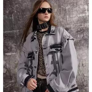 청 빈티지 소매 상의 봄가을 여자재킷 코트 재킷 탈부착 레터링 원템3