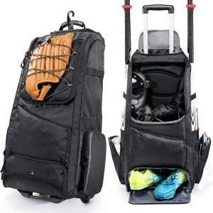 바퀴 달린 스포젯 롤링 야구 가방 - 60L 청소년 장비 배트 4개 신발 수납 공간 및 펜스 후크가 소년 소녀용