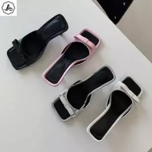[애슬릿] 스퀘어 뮬 리본 장식 발편한 쿠션 슬리퍼 구두 힐 7cm