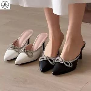 [애슬릿] 스틸레토 뮬 힐 큐빅 리본 라인 구두 슬리퍼 7cm