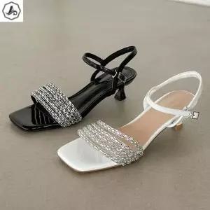 [애슬릿] 가죽 샌들 큐빅 라인 장식 발편한 키높이 힐 구두 4.5cm