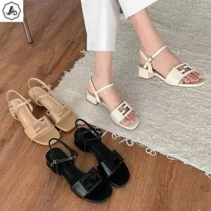 [애슬릿] 가죽 샌들 힐 스퀘어 장식 발편한 구두 키높이 4.5cm