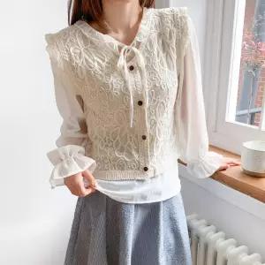 여성 프릴 쉬폰 셔츠 펀칭 면 니트 조끼 세트