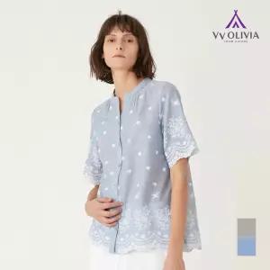 [비비올리비아] 아일렛자수 반 소매 블라우스_VVCNLYM5171