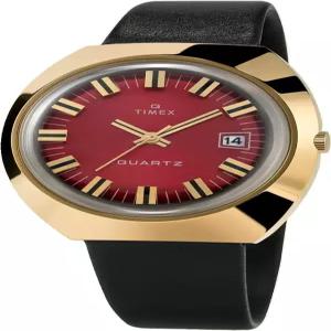 Timex Q 남성용 1972년 재발매 43mm 시계 - 골드 톤 케이스 버건디 다이얼과 블랙 가죽 스트랩