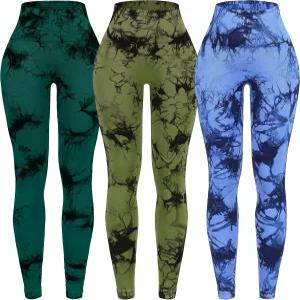 OVESPORT 3팩 타이 염색 심리스 하이웨이스트 운동 레깅스 여성용 스크런치 엉덩이 팅 요가 체육관 바지