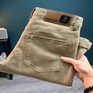 흰색 화이드 청바지 데님 진 바지 면 100 홍콩 남성 슬림핏 스타일 트렌디 활용도 밀크티 컬러 스키니 팬츠