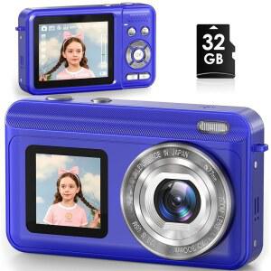 [미국배송] 디지털 카메라 사진 촬영용 리얼 2.7K 듀얼 스크린 카메라 유튜브 비디오 16배 줌 32GB SD 카드 안티 쉐이크 컴팩트 학생 청소년 여학생용