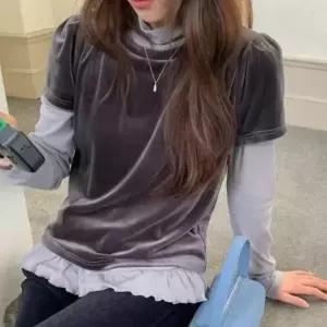 [하프클럽/옷자락]여성 벨벳 레이어드 프릴 시스루 터틀넥 티셔츠