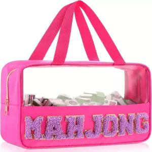 지퍼가 달린 실트라이앵글 빈 마작 타일 백 핫 핑크 PVC 투명 방수 미국 보관 파우치 케이스 보드 게임