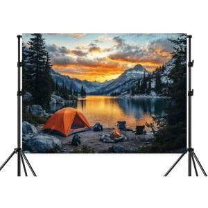10X8피트 캠핑 배경 자연 산악 장면 캠프파이어 오렌지 텐트 어드벤처 사진 베이비 샤워 캠핑카 파티 장식 배너 소품