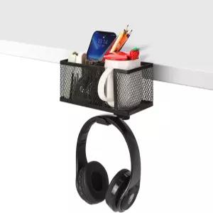 FVMECA 금속 3칸 책상 클램프 정리함 스테인리스 스틸 메시 컵 홀더 헤드폰 후크 펜 다기능 사각 랙
