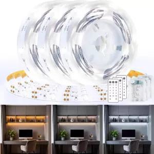 3팩 6.6피트 LED 스트립 라이트 배터리 구동 따뜻한 흰색 및 차가운 유연하고 절단 가능한 캐비닛 선반