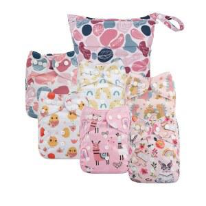 babygoal 천 기저귀 커버 6팩, 기저귀용 습식 가방 및 이중 거싯 프리폴드, 조절 및 재사용 가능