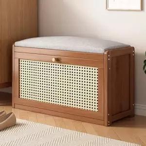 조절 가능한 선반과 린넨 시트 쿠션 입구 및 침실이 있는 라탄 신발 벤치 복도 브라운 70 * 24 44cm