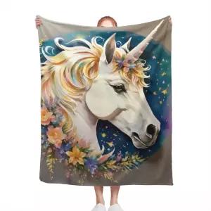 아트 앤 비욘드 컴팩트 경량 여행 담요 흰색 유니콘과 파스텔 플라워 화환 예쁜 꽃 수채화 디자인 캠핑 및