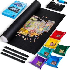 라비버트 직소 퍼즐 매트 롤업 6가지 색상 분류 트레이 최대 2000개의 보관 및 운반 가방과 핸드 펌프가