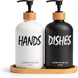 프리미엄 2팩 핸드 앤 디쉬 비누 디스펜서 세트 대나무 펌프와 트레이가 포함된 16온스 매트 블랙 화이트