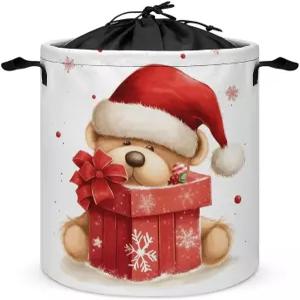 산타 모자 선물 및 메리 크리스마스 세탁 가방 큰 접이식 바구니 손잡이가 있는 독립형 방수 옷 세탁실