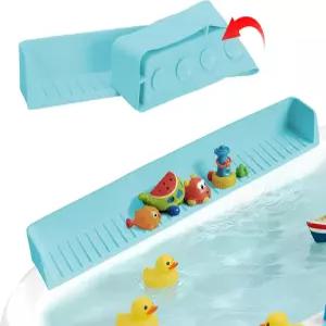 욕조 용 바왕로 스플래시 가드 31인치 초장형 실리콘 목욕 놀이 선반 장난감 트레이 및 캐디 홀더 물 유출