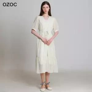 도트패턴 허리셔링 V넥 원피스