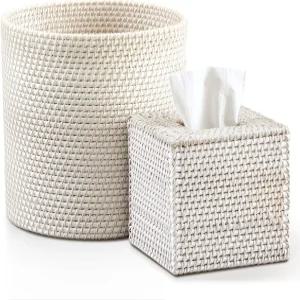 화이트 2개 라탄 쓰레기통 사각 티슈 박스 커버 핸드 직조 바구니 세트 침실 주방 사무실 정리용 위커 욕실