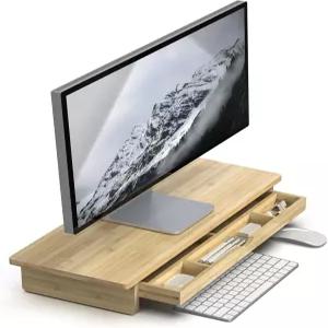 대형 수납 서랍이 있는 대나무 모니터 스탠드 책상용 23인치 인체공학적 컴퓨터 라이저 최대 220파운드까지