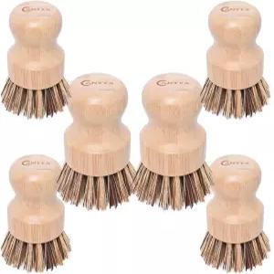 대나무 접시 브러시 6팩 주방 스크럽 천연 유니언 섬유 및 주철 팬/냄비 세척용 탐피코 스크러버하드