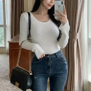 여자 봄신상 롱슬리브 골지 V넥 환절기 티셔츠