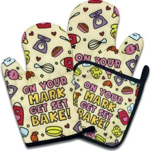 재미있는 베이킹 오븐 미트와 냄비 홀더 세트 3개 온유어 마크 겟 내열 논슬립 주방 핫 패드 애호가 선물