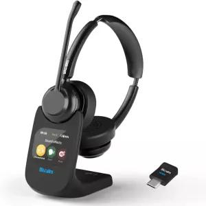 업무용 마이크가 있는 블루칼름 무선 헤드셋 - 노이즈 캔슬링 기능이 V5.4 음소거 PC 헤드폰 및 USB 동글